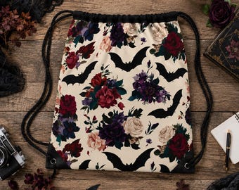 Sac à dos gothique à cordon, motif floral chauves-souris et vampires, rose, bordeaux et crème, en toile, fermeture à cordon, cadeau romantique et mystérieux