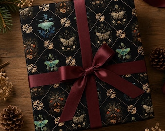 Dark Insect Gift Wrapping Paper Black Botanical Elegant Wrap Moody Design Luxury Roll Vintage Print Sophisticated Bug Style Present Covering