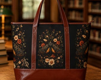 Brown Handbag Women Laptop Tote Bag Work Shoulder Vintage Floral Botanical Print Moth Design Boho Leather Structured Carryall Commuter
