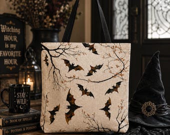 Bat Tote Bag Woven Cotton Halloween Shopper Neutral Fall Carryall Gothic Shoulder Market Lightweight Everyday Reusable Shopping Canvas