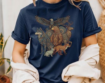森の動物シャツ ペイズリー柄 野生動物アートTシャツ アウトドアアドベンチャー 自然デザイン 森の動物イラスト アパレルギフト 国立公園