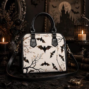 Shoulder Handbag Alternative Fashion Bat Print Canvas Bag Gothic Crossbody Style Dark Aesthetic Everyday Carry Witchy Accessory Halloween Gift Spooky Tree Design Adjustable Strap Practical Purse Organized Pockets Convertible Bag Moody