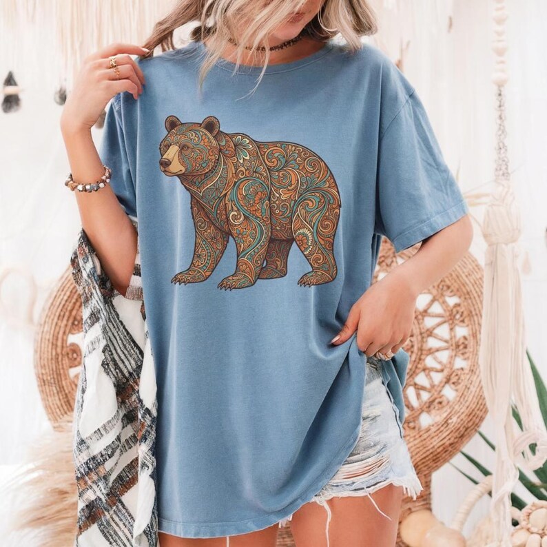 Paisley Bear Tee Boho Outdoor Fashion Floral Wildlife Shirt Men Graphic Design Nature Inspired Clothing Hiking Adventure Apparel Camping Essential Outfit Artistic Bear Illustration Folk Art Pattern Comfort Colors Premium Shirt National Park