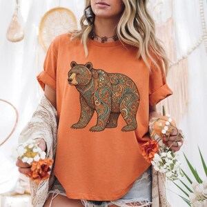 Wildlife Graphic Tee Men Floral Bear Shirt Design Comfort Colors Premium Quality Paisley Pattern Boho Style Nature Inspired Artwork Outdoor Adventure Clothing Hiking Apparel Essential Camping Trip Outfit Artistic Bear Illustration Folk Art