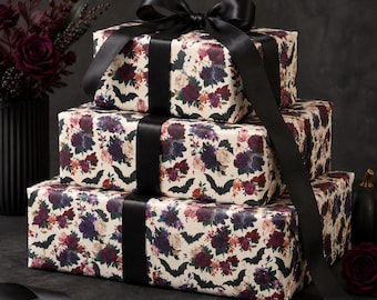Dark Academia Bat Rose Floral Wrapping Paper Gift Wrap Gothic Roll Sheet Quality Print Museum Grade Painterly Bouquet Design Elegant Flower