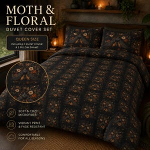 May include: A queen size duvet cover set featuring a dark black background with a repeating pattern of moths and various floral elements in shades of orange, white, and muted green. The set includes one duvet cover and two matching pillow shams.