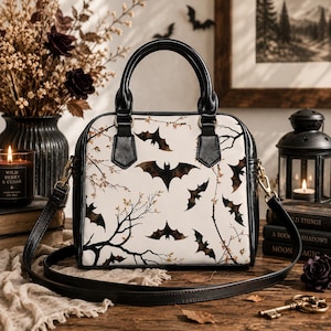 Bat Shoulder Bag Gothic Handbag Crossbody Purse Alternative Fashion Accessory Dark Aesthetic Design Spooky Tree Pattern Halloween Gift Witchy Style Everyday Carry Adjustable Strap Convertible Bag Organized Pockets Practical Purse
