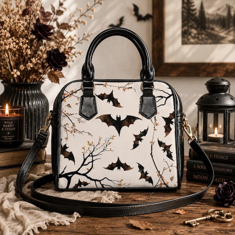 Bat Shoulder Bag Gothic Handbag Crossbody Purse Alternative Fashion Accessory Dark Aesthetic Design Spooky Tree Pattern Halloween Gift Witchy Style Everyday Carry Adjustable Strap Convertible Bag Organized Pockets Practical Purse
