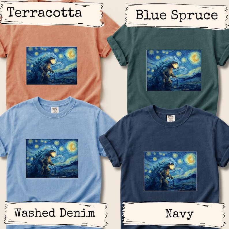 Mythical Beast Starry Night Monster Shirt Kaiju Design Artistic Graphic Tee Comfort Colors Vintage Style Movie Creature Art Parody Top image 12