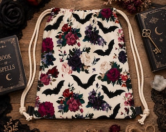 Gothic Drawstring Bag Bat Floral Dark Aesthetic Backpack Casual Gym Bags Goth Travel Alternative Cinch Sack Rose Romantic Sports String