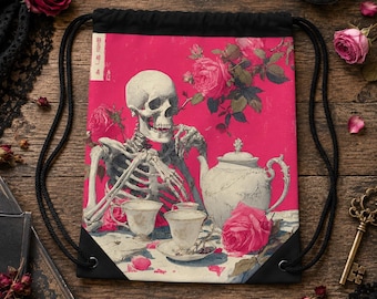 Skeleton Drawstring Bag Gothic Style Pink Skull Bag Vintage Rose Design Tea Party Gift Men Gym Carryall Market Tote Dark Romance Bone Print