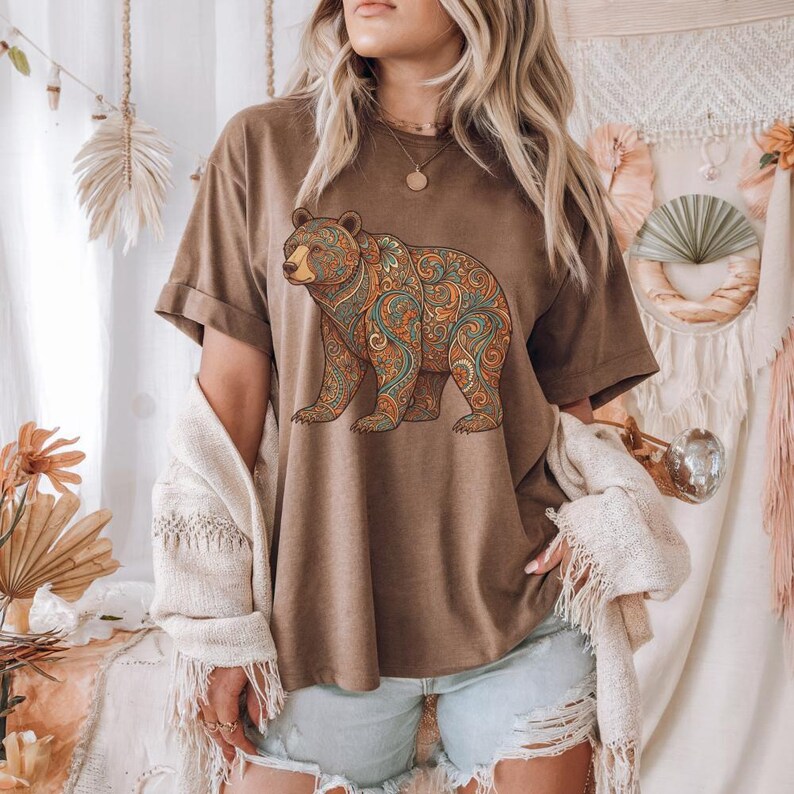 Nature Lover Gift Floral Bear Tee Boho Wildlife Graphic Shirt Men Paisley Pattern Design Outdoor Adventure Apparel Hiking Clothing Essential Camping Enthusiast Present Artistic Bear Illustration Comfort Colors Quality Shirt Folk Art Style