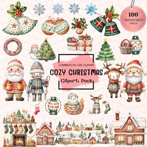 Aquarell Cozy Christmas Clipart Bundle, stricken Weihnachtskarte, Weihnachten digitale Planner Aufkleber für gute Notizen, Weihnachten png Kinder