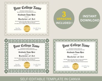 Bundle - Editable College Diploma with Gold Seal Printable College Graduation Diploma Template Graduation Certificate Instant Download File