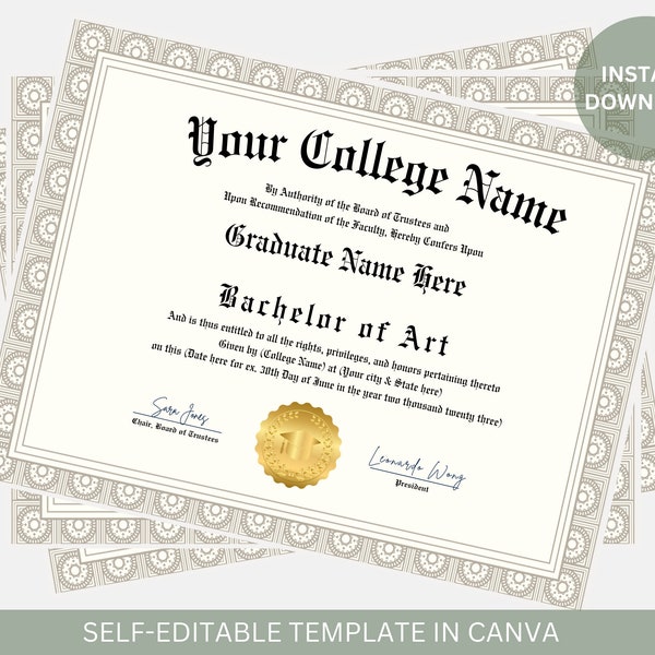 Editable College Diploma with Gold Seal Printable College Graduation Diploma Template Graduation Certificate Instant Download File