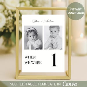 Numero del tavolo del matrimonio modificabile con foto "Quando eravamo" Modello con foto per numero del tavolo per ricevimento di nozze con numero del tavolo e età