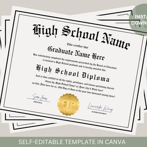 Bearbeitbares Abiturdiplom mit Gold-Siegel Druckbare Homeschool-Abschluss-Diplomvorlage Abschlusszertifikat Sofort-Download-Datei