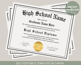 May include: A black and white printable high school diploma template with the text "High School Name" and "Graduate Name Here". The template is self-editable in Canva.