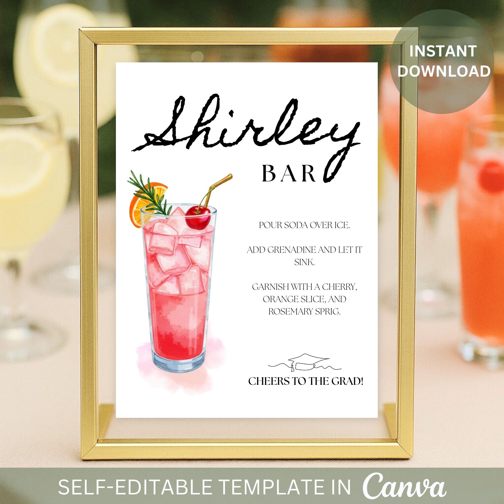 Editable Shirley Temple Bar Graduation Party Sign Non Alcoholic Shirley Temple Mocktail Party Bar Sign for Grad Party Decoration Printable