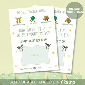 Porte-cartes cadeau enseignant modifiable Noeud coquette sauge le jour de la Saint-Patrick pour remerciement enseignant remerciement enseignant imprimable