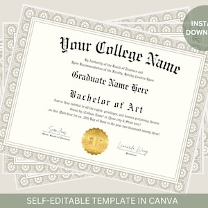 Bearbeitbares College-Diplom mit Gold-Siegel Druckbare College-Abschluss-Diplomvorlage Abschlusszertifikat Sofort-Download-Datei
