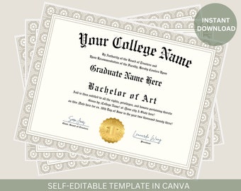 Editable College Diploma with Gold Seal Printable College Graduation Diploma Template Graduation Certificate Instant Download File