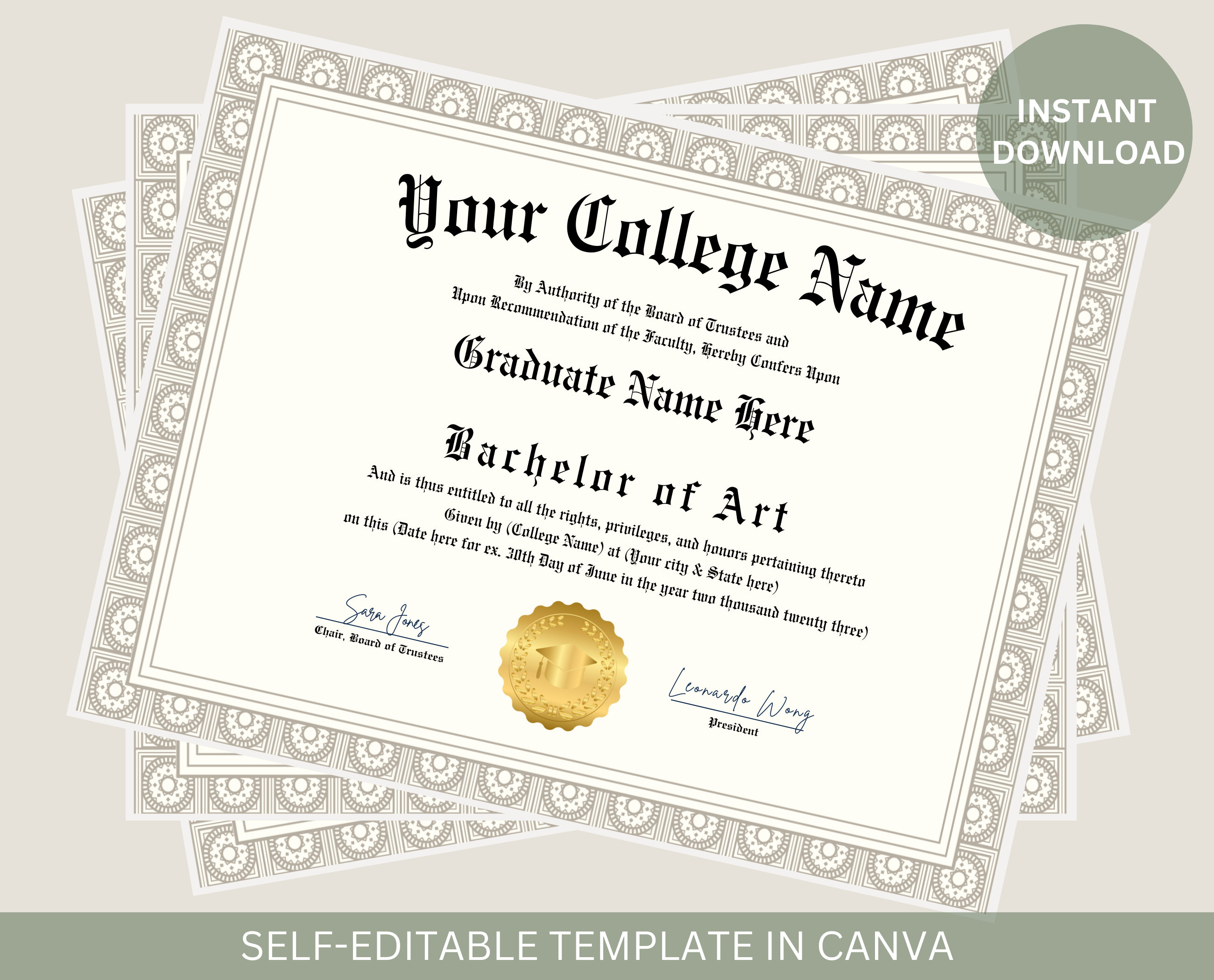 Editable College Diploma Template: Keepsake Graduation Certificate with Gold Seal (Digital Download)