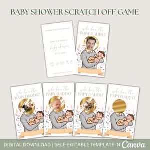 Juego divertido y editable para baby shower: cabezas de famosos neutrales, quién tiene al papá del bebé, rasca y adivina quién tiene al papá, juegos divertidos para baby shower