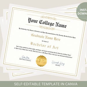 Editable College Diploma with Gold Seal Printable College Graduation Diploma Template Graduation Certificate Instant Download File