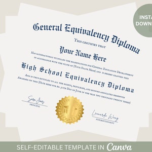 Diploma GED editable con sello dorado. Certificado de graduación. Plantilla imprimible de diploma de equivalencia de escuela secundaria. Archivo editable de descarga instantánea.