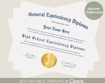 Editable GED Diploma with Gold Seal Graduation Certificate Printable High School Equivalency Diploma Template Editable Instant Download File