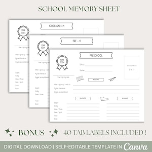 May include: Black and white printable school memory sheet template for preschool, kindergarten, and pre-k. The template includes sections for school name, teacher, subject, hobbies, favorite things, memories, and a space for a school photo. The template also includes a year 2024 banner.