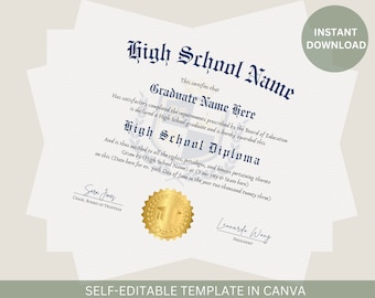 May include: A blue and white diploma template with the text "High School Name" and "Graduate Name Here". The template is editable and can be used to create a personalized diploma.