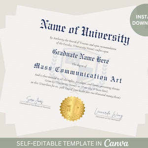 Bearbeitbares Universitätsdiplom mit Gold-Siegel Druckbare College-Abschluss-Diplomvorlage Abschlusszertifikat Sofort-Download-Datei