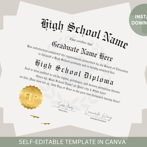 Editable High School Diploma with Gold Seal Printable Graduation Certificate Homeschool Graduation Diploma Template Instant Download File