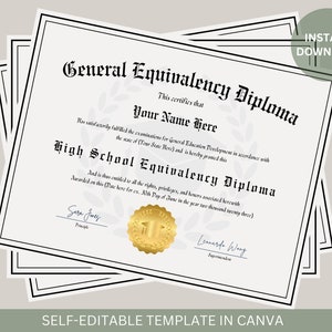 Editable GED Diploma with Gold Seal Editable Graduation Certificate Printable High School Equivalency Diploma Template Instant Download File