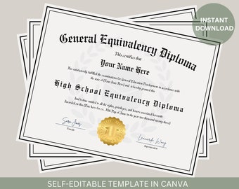 Editable GED Diploma with Gold Seal Editable Graduation Certificate Printable High School Equivalency Diploma Template Instant Download File