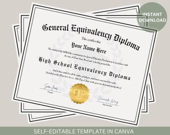 Editable GED Diploma Template: Graduation Certificate with Gold Seal (Digital Download)