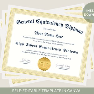 Diploma GED editable con sello dorado. Certificado de graduación. Plantilla imprimible de diploma de equivalencia de escuela secundaria. Archivo editable de descarga instantánea.