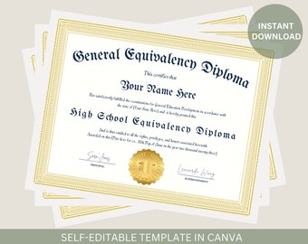 Editable GED Diploma with Gold Seal Graduation Certificate Printable High School Equivalency Diploma Template Editable Instant Download File