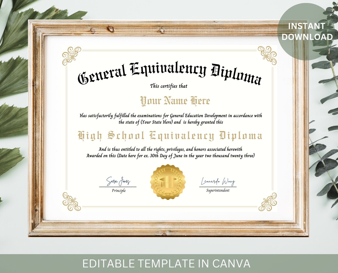 Editable GED Diploma With Gold Seal Editable Graduation Certificate ...