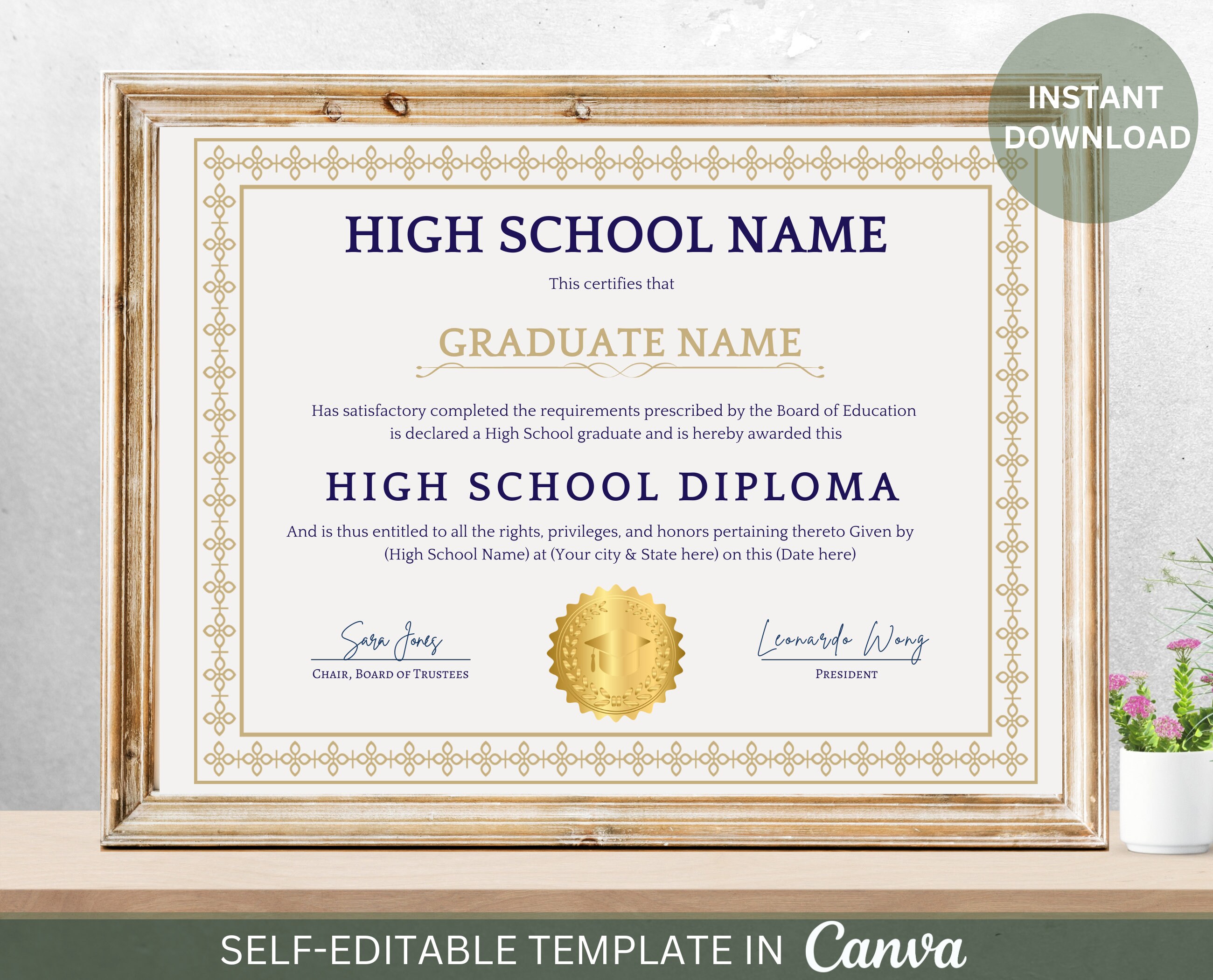 Editable High School Diploma With Gold Seal Printable Graduation ...