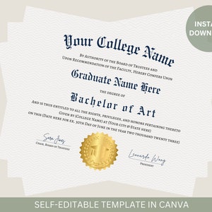 Diplôme d'études collégiales modifiable avec sceau d'or Modèle de diplôme d'études collégiales imprimable Certificat de remise des diplômes en téléchargement immédiat