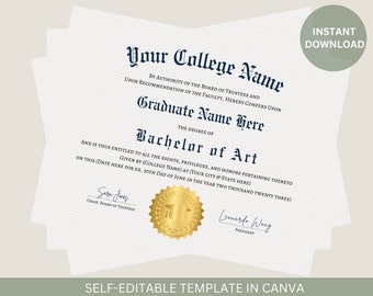 Editable College Diploma Template with Gold Seal (Digital Download)