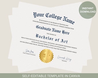 Editable College Diploma with Gold Seal Printable College Graduation Diploma Template Graduation Certificate Instant Download File