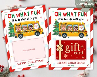 Può includere: Modelli di biglietti regalo natalizi con un'illustrazione di un autobus scolastico giallo. Le carte presentano il testo "OH WHAT FUN it is to ride with you" e "MERRY CHRISTMAS!" con spazio per un buono regalo o un messaggio. Il design include strisce rosse e bianche.
