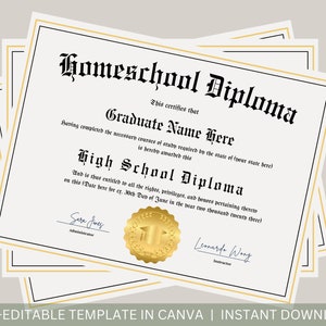 Bearbeitbares Homeschool-Diplom mit Goldsiegel Druckbare Homeschool-Abschluss-Diplomvorlage Abschlusszertifikat Sofort-Download-Datei