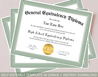 Editable GED Diploma Template: Graduation Certificate with Gold Seal Printable (Digital Download)