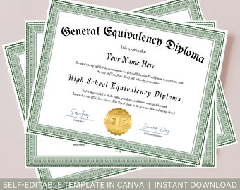 Editable GED Diploma with Gold Seal Printable High School Equivalency Diploma Template Editable Graduation Certificate Instant Download File