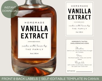 May include: Printable label template for homemade vanilla extract. The front label says "Homemade Vanilla Extract" with the text "made with love by THE FAMILY" and "8 oz | 250 ml". The back label includes instructions for shaking, using, and refilling the extract. It also lists the ingredients: Tahitian vanilla beans and vodka.